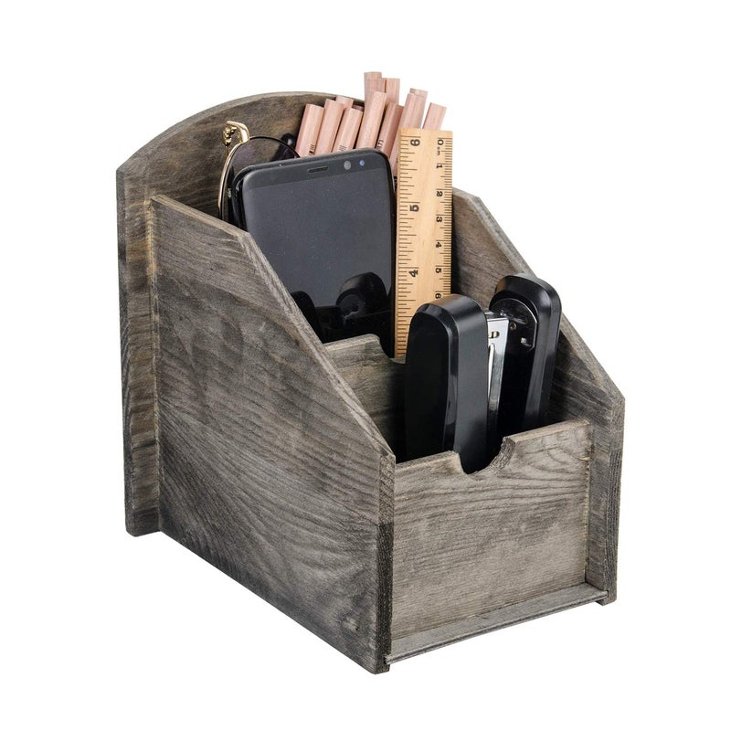 VERGOODR 3 Slot Rustic Wooden Remote Control Frame Media Organizer,Office Supply Storage,Magazine Pen Holders (Rock grey) - Image 3